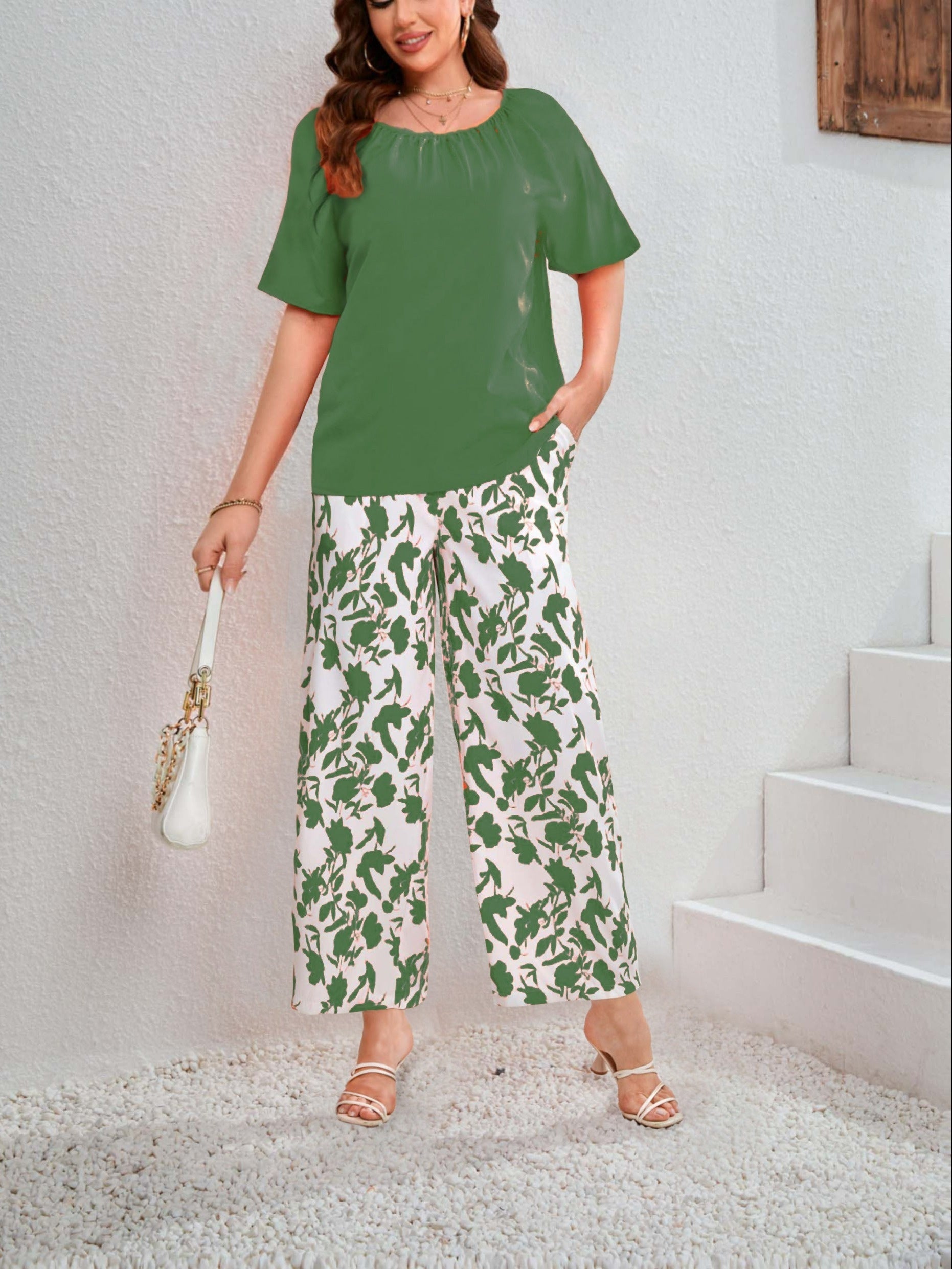 Casual Outfits 2 Piece Set - Solid Top & Floral Wide Leg Pants