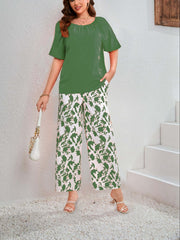 Casual Outfits 2 Piece Set - Solid Top & Floral Wide Leg Pants