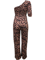 Leopard Print One Shoulder Jumpsuit Asymmetrical Neck Stretchy Jumpsuit