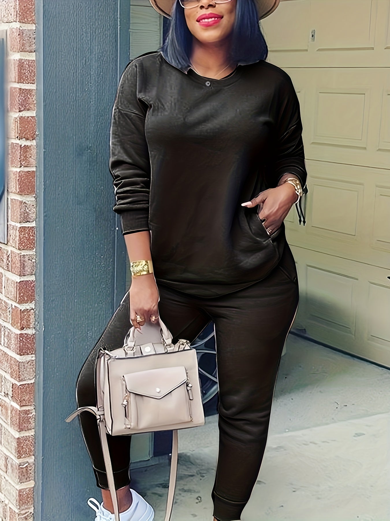 Women's Plain Top & Pants Outfit Two Piece Set