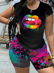 Women's Plus Lip Print Short Sleeve Tee & Painting Print Shorts Set