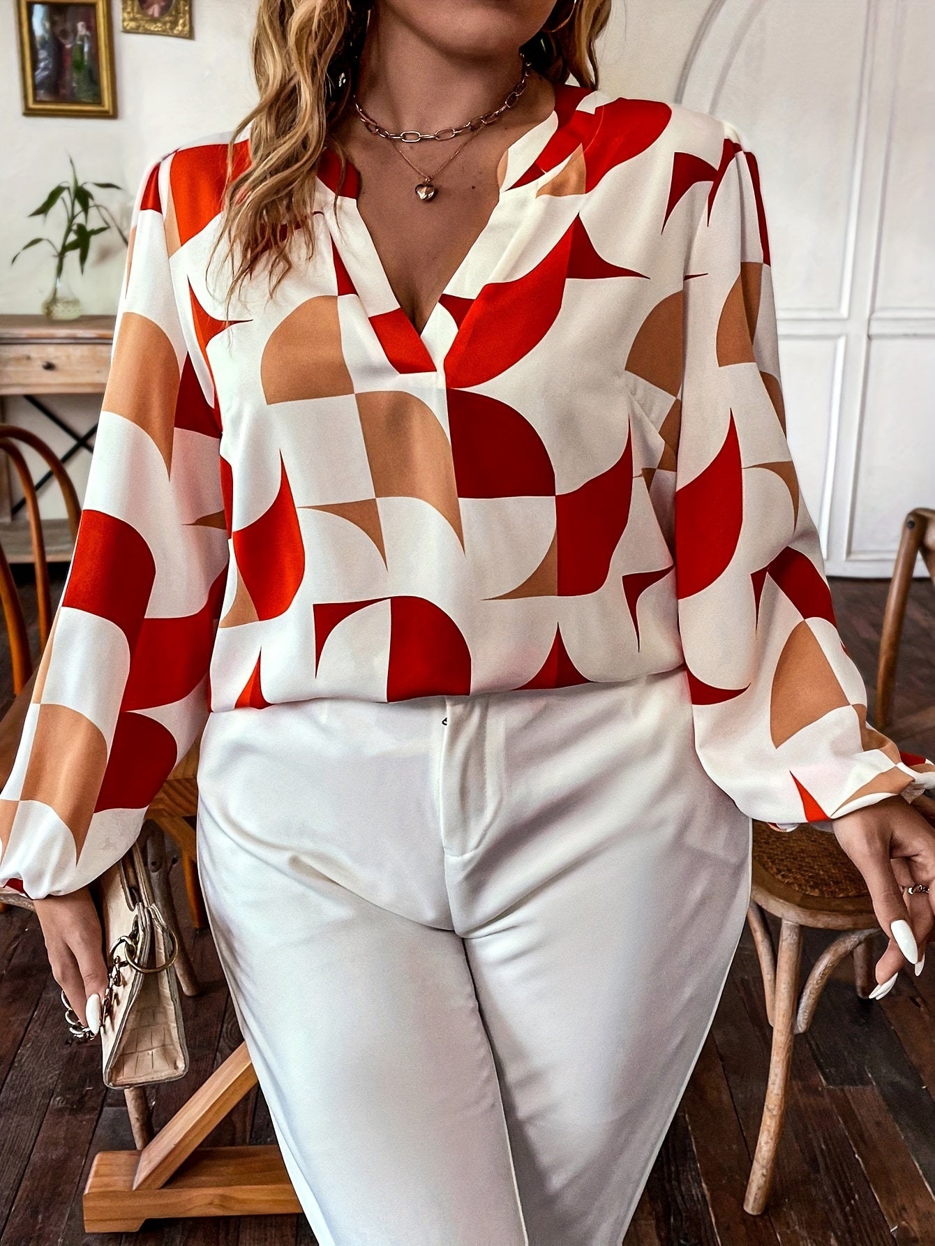 Casual Blouse Women's Plus Colorblock Geometric Print V Neck Blouse