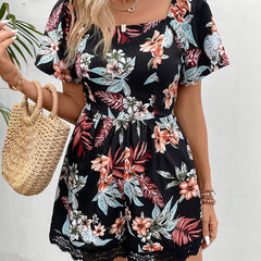 Floral Print Lace Romper Tie Back Short Sleeve Vacation