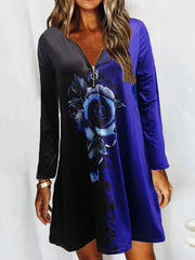 Floral Print Zip V Neck Dress Long Sleeve Casual Mini Dress