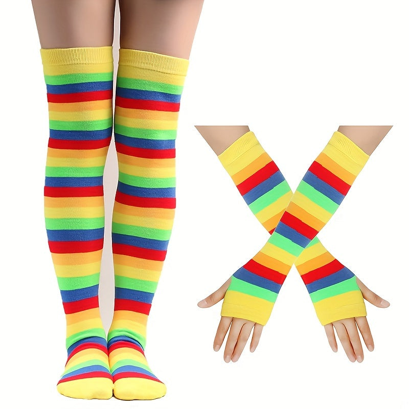 Striped Rainbow Knit Stockings & Gloves Set