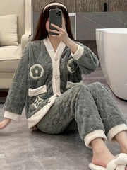 Floral Print Fuzzy Pajama Set Long Sleeve Top & Pants Women's Sleepwear