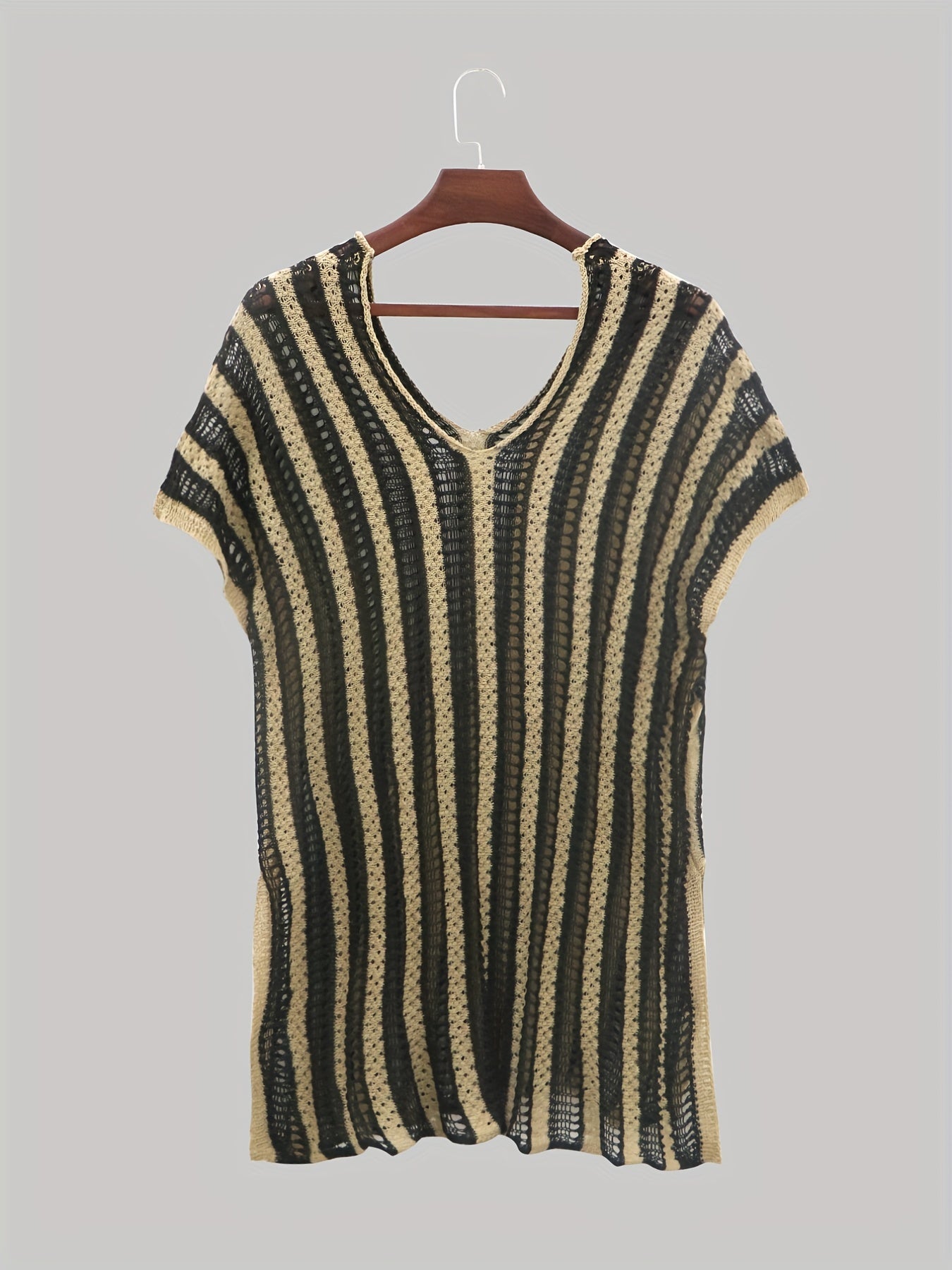 Contrast Sexy Cover Up Crochet Stripped Short Sleeve Plus Size Shirt