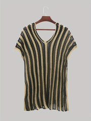 Contrast Sexy Cover Up Crochet Stripped Short Sleeve Plus Size Shirt