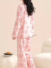 Floral Print Pajama Set Long Sleeve V Neck