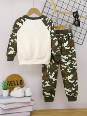 Toddler Boy's Camo Outfit 2pcs Waffle Texture Sweatshirt & Sweatpants Set