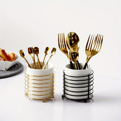 Kitchen Utensil Holder with Golden Ring Metal Frame and Ceramic Crocks