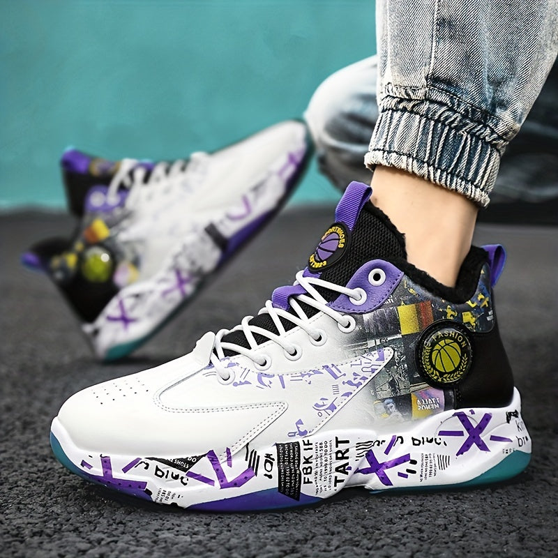 Men's Fuzz Lined Basketball Shoes Non Slip Lace Up Sneakers