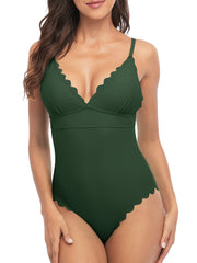 V Neck One Piece Swimsuit Scallop Trim Bow Tie Back