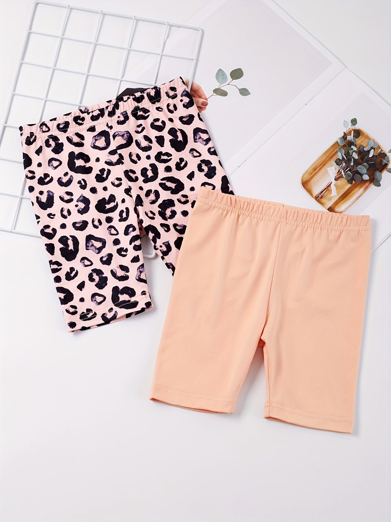 2pcs Toddler Girls Leopard Elastic Waist Biker Shorts Set