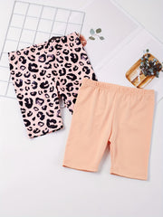 2pcs Toddler Girls Leopard Elastic Waist Biker Shorts Set