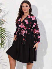 Floral Print Lantern Sleeve Knee Length Dress