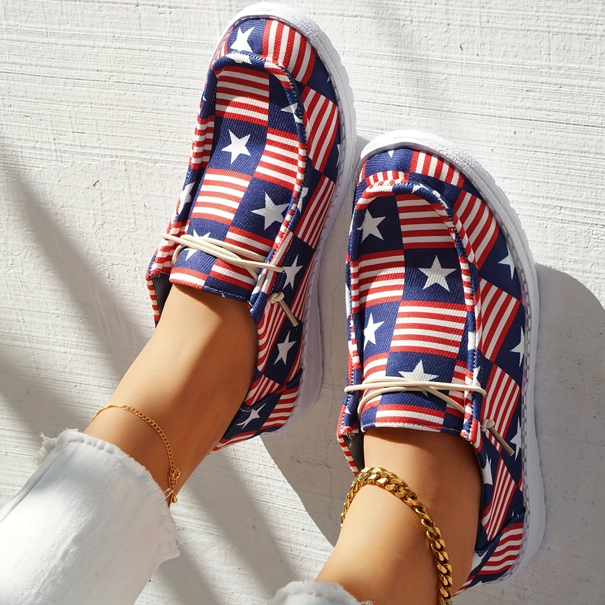 Women's Star & Striped Print Canvas Shoes Casual Lace Up Outdoor Shoes
