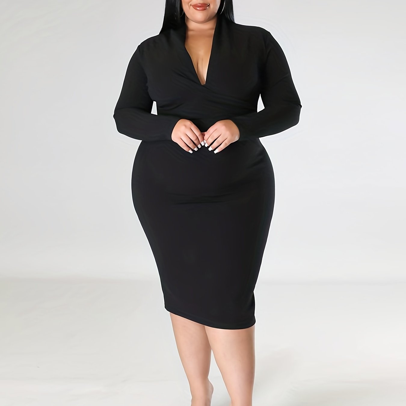 Solid Long Sleeve V Neck Midi Slim Fit Dress
