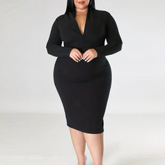 Solid Long Sleeve V Neck Midi Slim Fit Dress