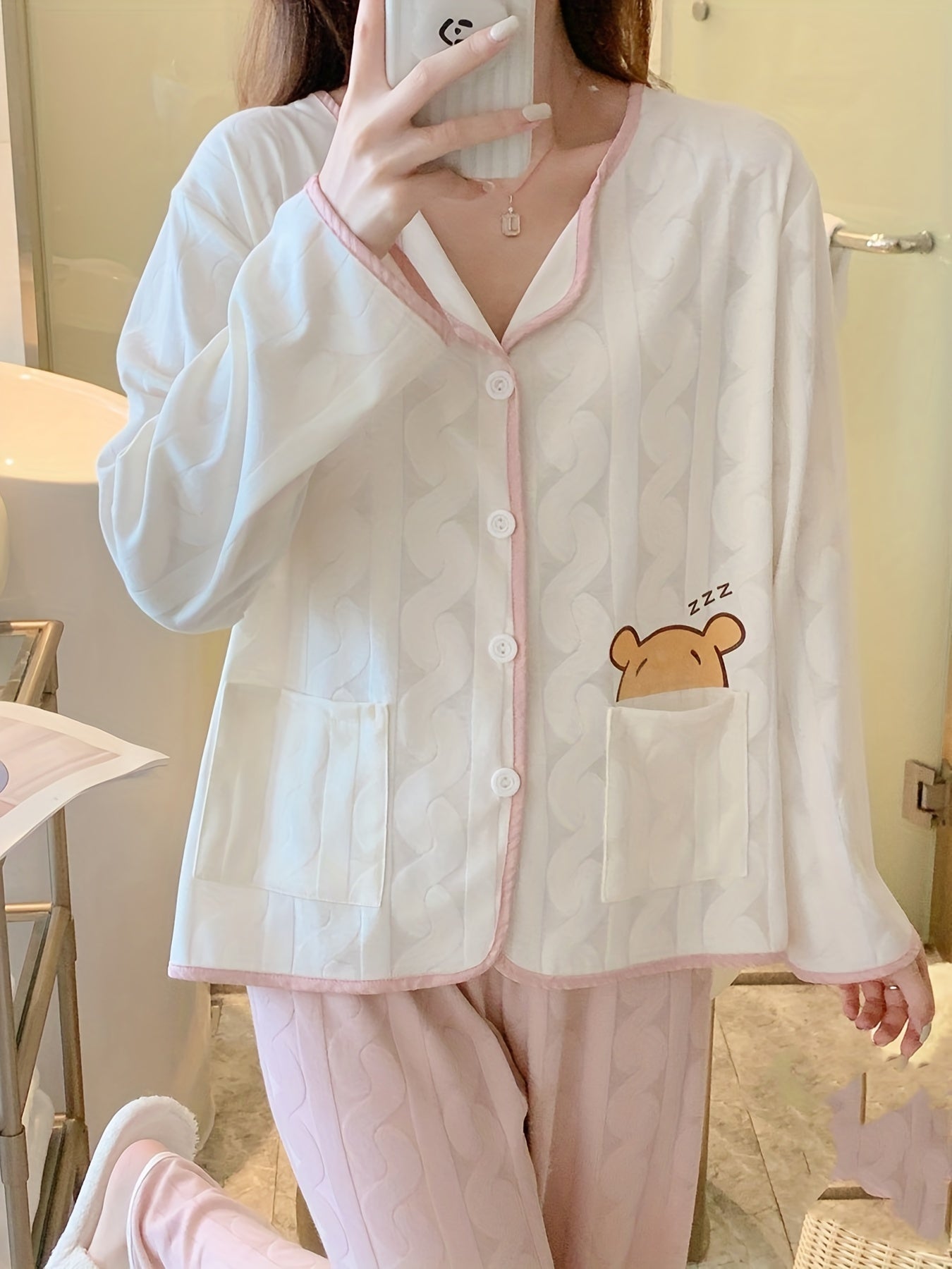 Cartoon Print Pajama Set Long Sleeve Top & Pants Women's Sleepwear