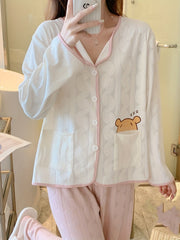Cartoon Print Pajama Set Long Sleeve Top & Pants Women's Sleepwear
