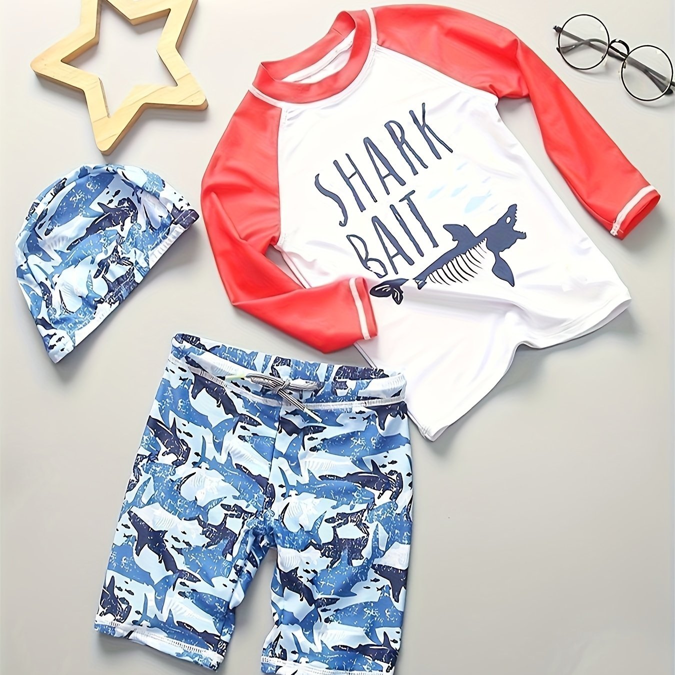 Boys Shark Graphic Swimsuit Set with Hat