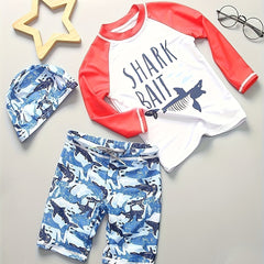 Boys Shark Graphic Swimsuit Set with Hat