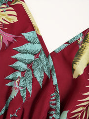 Plus Leaf & Feather Print Surplice Neck Romper With Belt