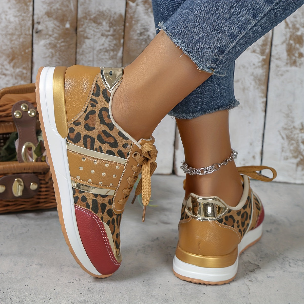 Leopard Print Faux Leather Running Shoes Casual Sneakers