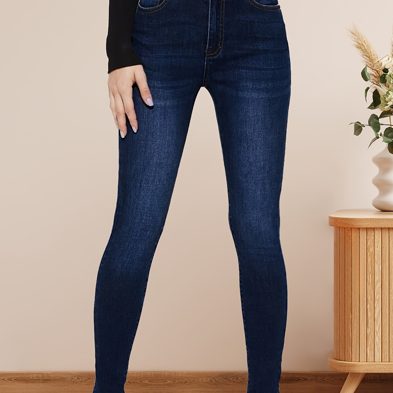 High Rise Dark Skinny Jeans High Waist Water Ripple Embossed Crotch