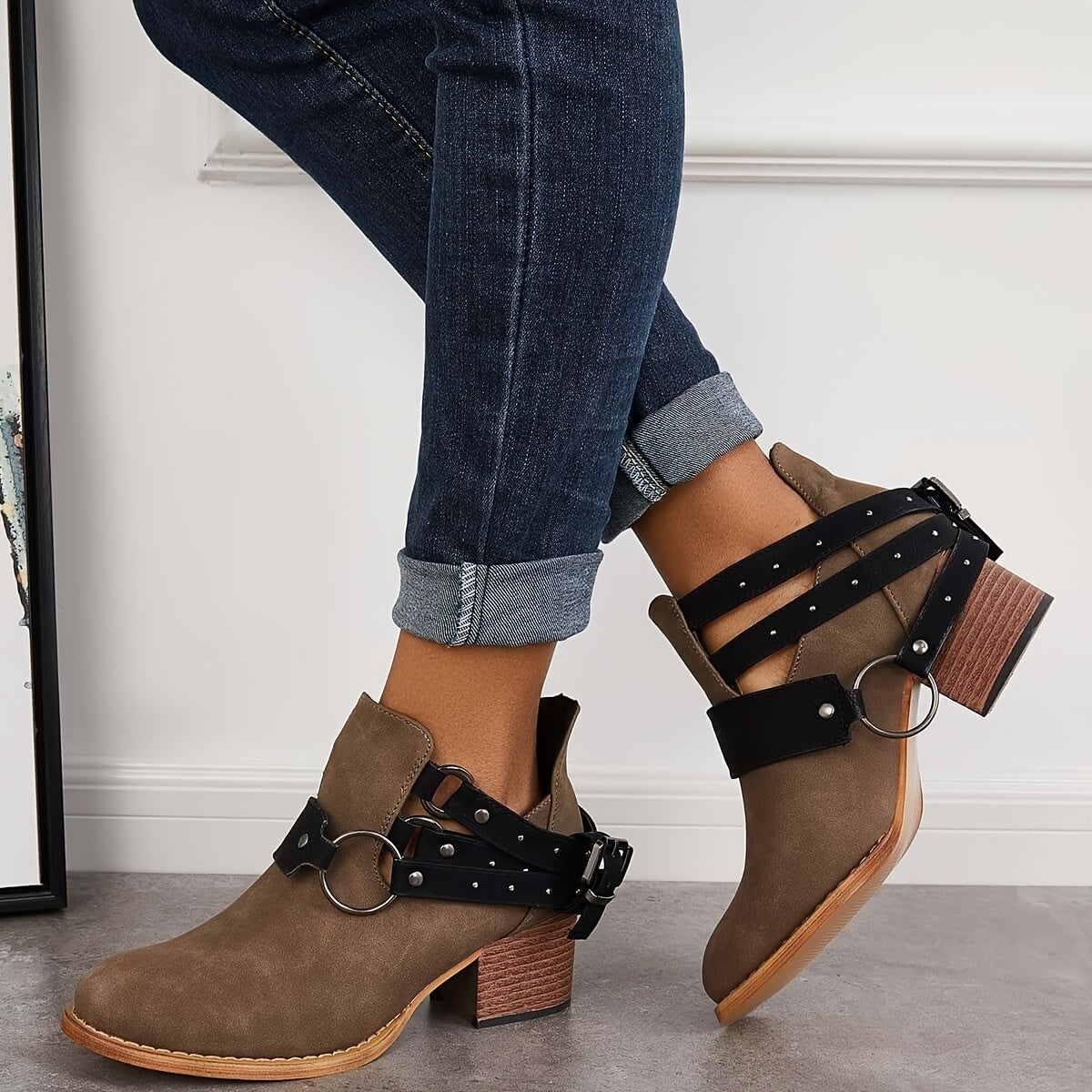 Women's Chunky Heel Ankle Boots with Metal Buckle Decor
