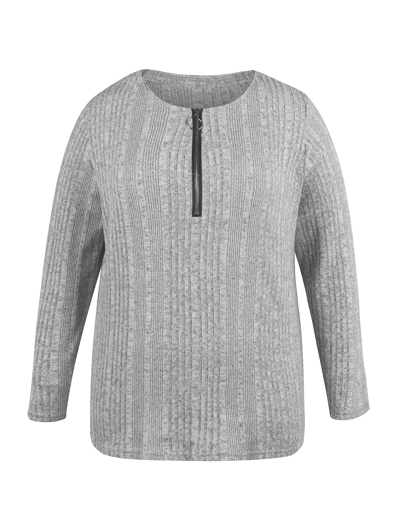 Solid Ribbed Knit Long Sleeve Half Zipper Pullover Jumper