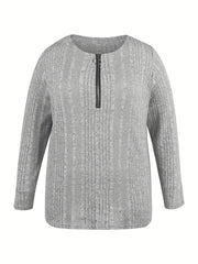 Solid Ribbed Knit Long Sleeve Half Zipper Pullover Jumper