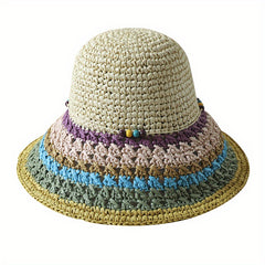 Rainbow Boho Sun Hat Crochet Gradient Bucket Hat Breathable Summer Sunscreen