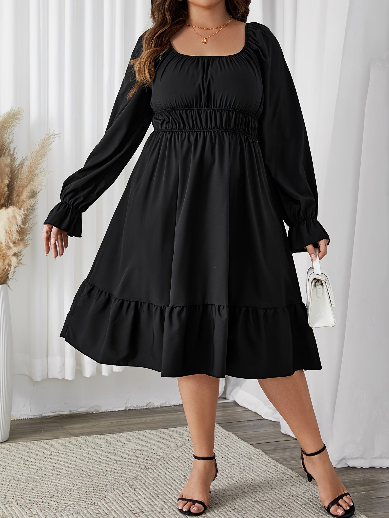 Solid Flounce Sleeve Round Neck Ruffle Trim Dress