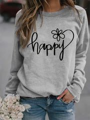 Happy Print Sweatshirt Crew Neck Women's Clothing