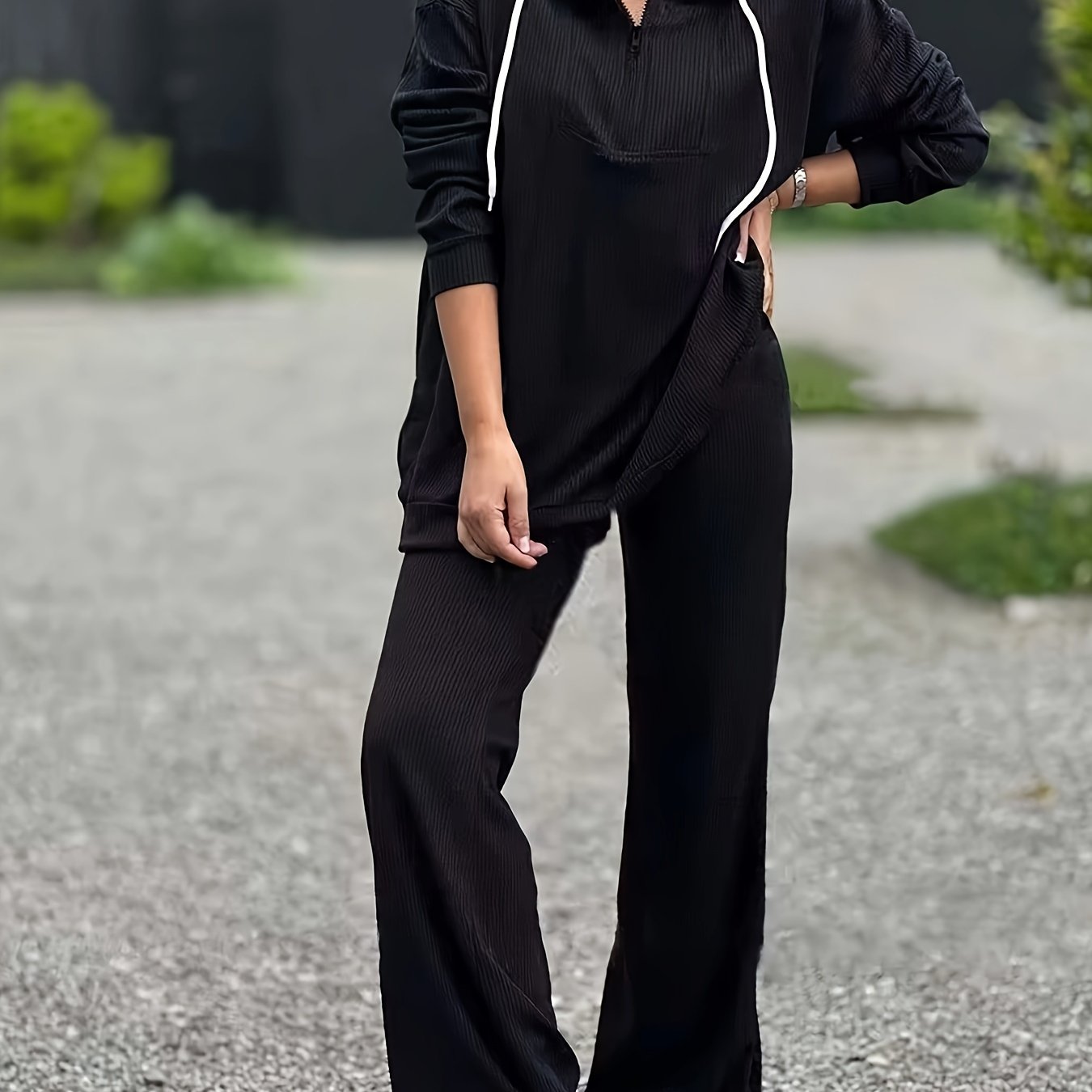 Solid Zip Up Hoodie & Flared Leg Pants 2 Piece Set