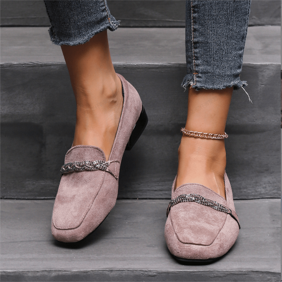 Rhinestone Loafers Square Toe Soft Sole Slip On Low Heels Shoes