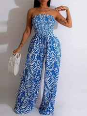 Print Shirred Wide Leg Jumpsuit Off Shoulder Sleeveless Jumpsuit