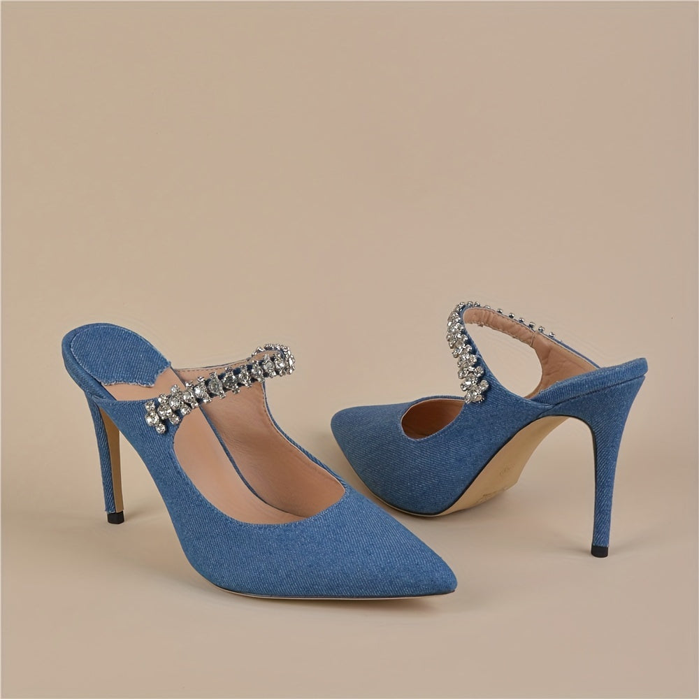 Denim Slingback High Heels Rhinestone Strap Slip On Stiletto Heels