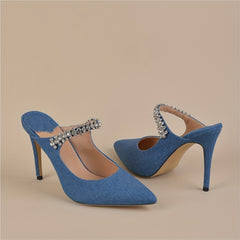 Denim Slingback High Heels Rhinestone Strap Slip On Stiletto Heels