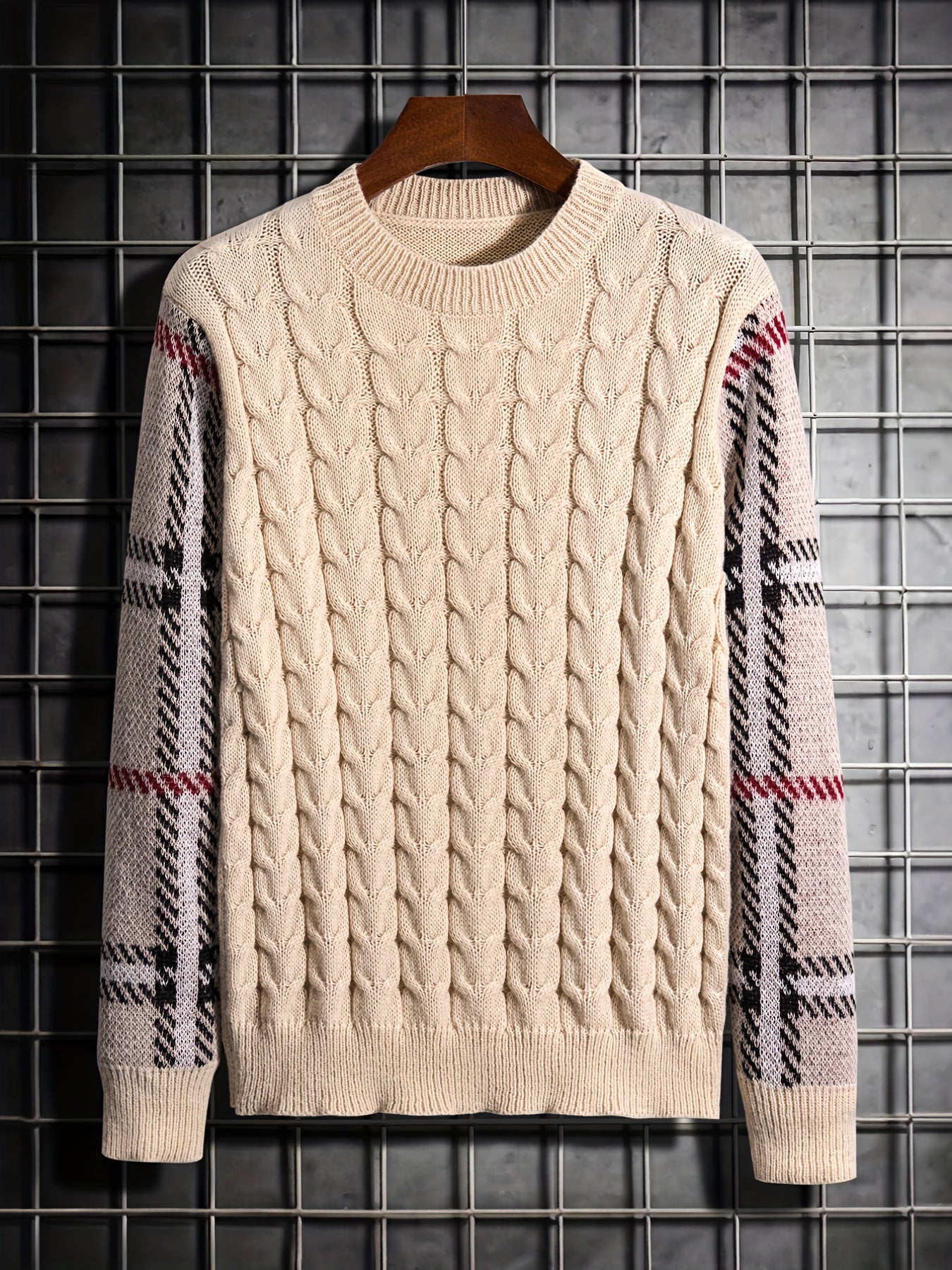 Men's Crew Neck Knitted Sweater - Block Plaid Sleeves - Fall/Winter