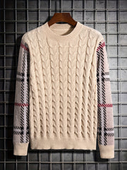 Men's Crew Neck Knitted Sweater - Block Plaid Sleeves - Fall/Winter