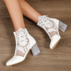 Floral Embroidered High Heel Ankle Boots Lace Patent Leather