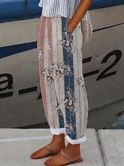 Floral Print Pockets Pants Loose Fit Casual Women's Trousers