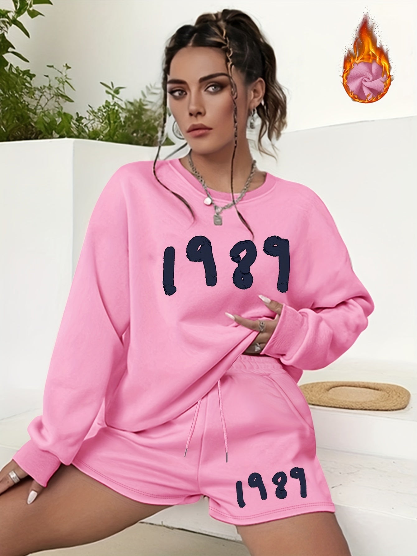 Women's Number Print 2-Piece Set Long Sleeve Sweatshirt & Shorts