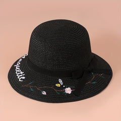 Flower Embroidery Wide Brim Sun Hat UV Protection