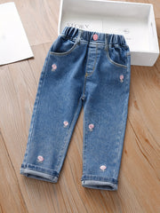 Girls' Embroidered Elastic Waist Jeans