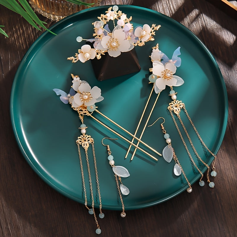 Chinese Hanfu Hair Accessory Set Tassel Flower Hairpin Earrings Jewelry