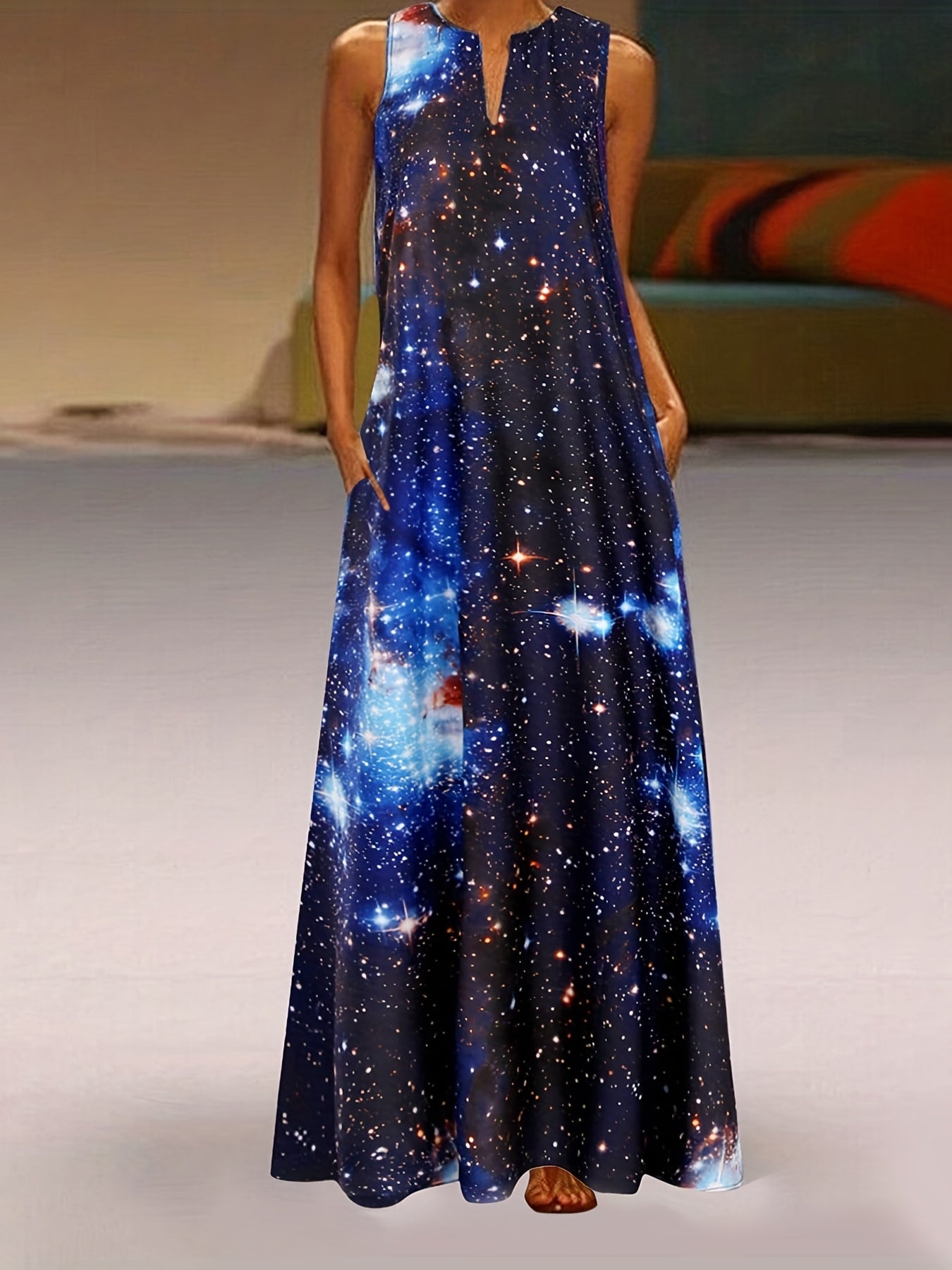 Galaxy Print V Neck Tank Dress Casual Sleeveless Dress For Spring & Summer
